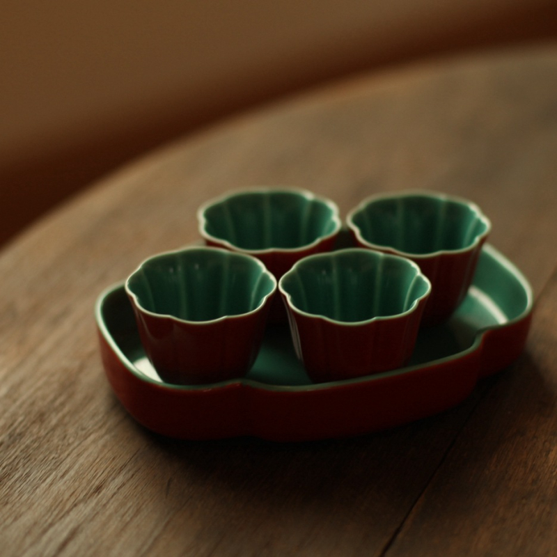 ceașcă mică de ceai din ceramică, cu petale roșii, stil Gongfu chinezesc, vintage