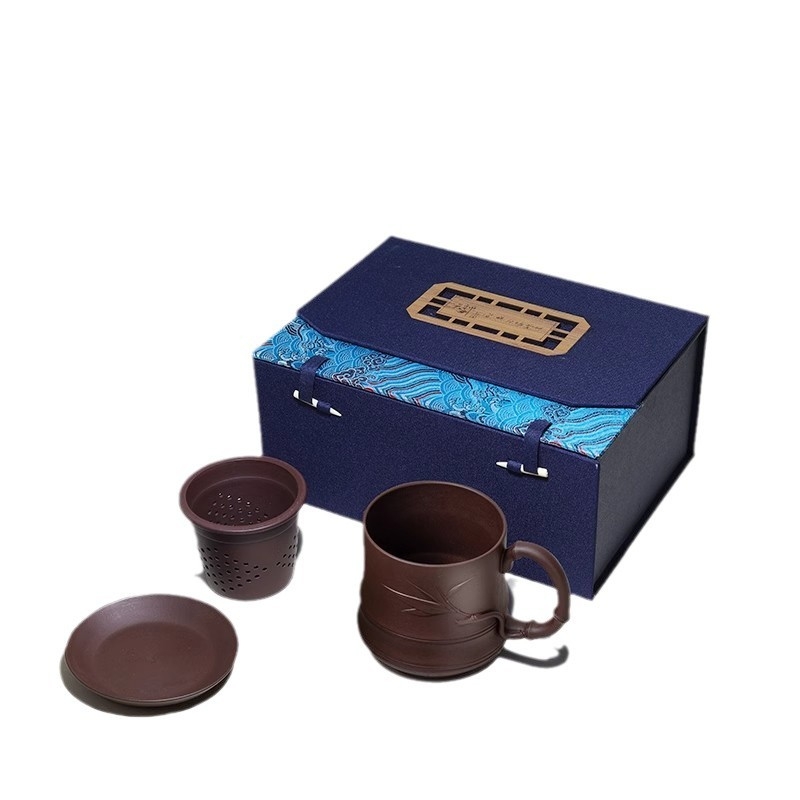 Ceasca de ceai autentică Yixing Zisha, unisex, lucrată manual cu gravură, set de patru piese cu capac, segmente de bambus, pentru ceai personal