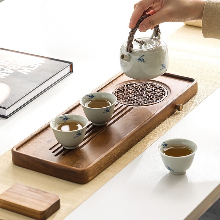 Tavă de ceai din lemn de nuc pentru infuzare uscată, masivă, în stil chinezesc nou, compactă