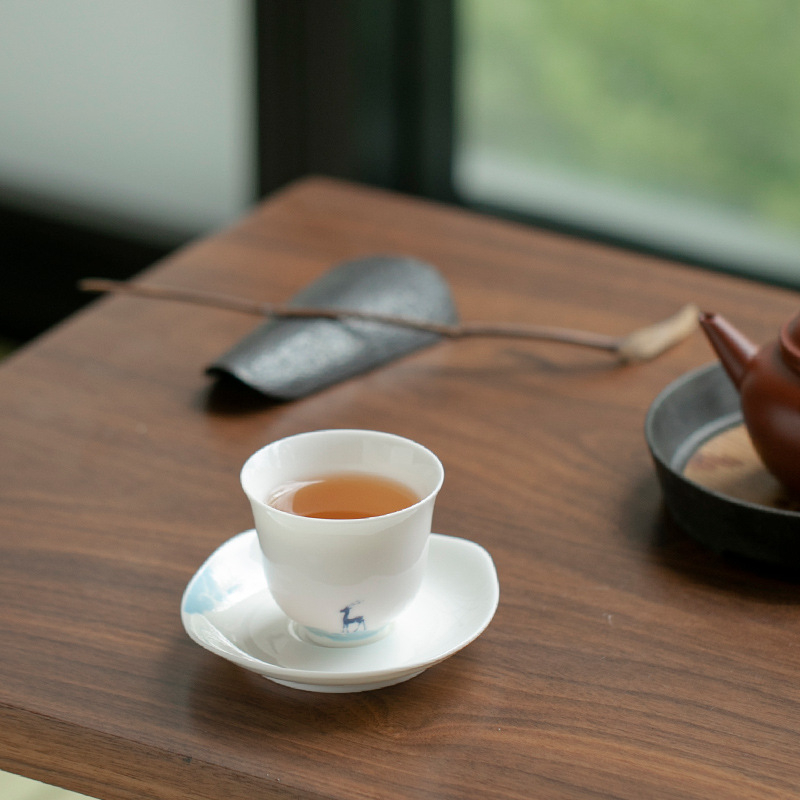 ceașcă de ceai din porțelan alb cu farfurioară, set ceramic Kung Fu pentru ceai, ceașcă individuală, suport în stil japonez pentru ceai, covoraș izolant termic