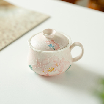 Ceașcă în stil chino-reînnoit, roz deschis, cu bujor înflorit, pentru ceai și cafea, acasă și la birou – ceașcă personală elegantă