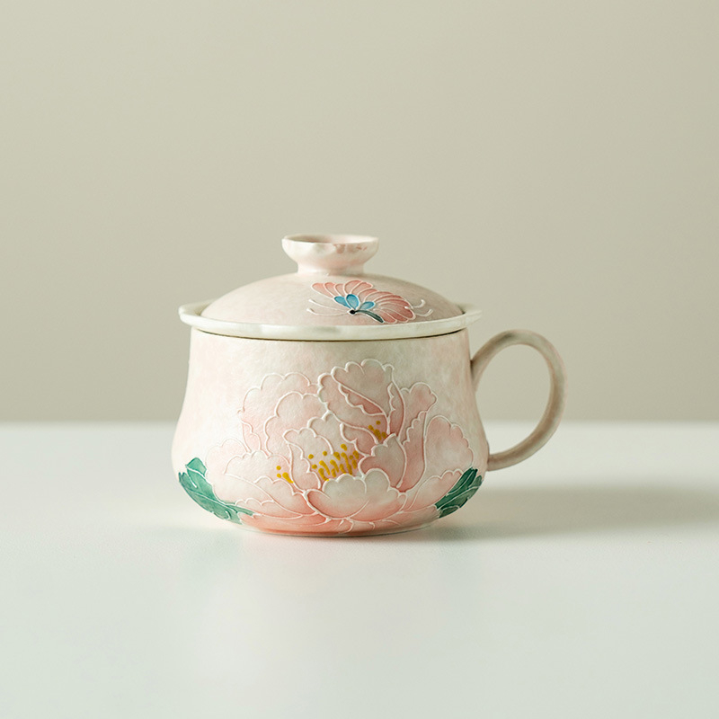 Ceașcă în stil chino-reînnoit, roz deschis, cu bujor înflorit, pentru ceai și cafea, acasă și la birou – ceașcă personală elegantă