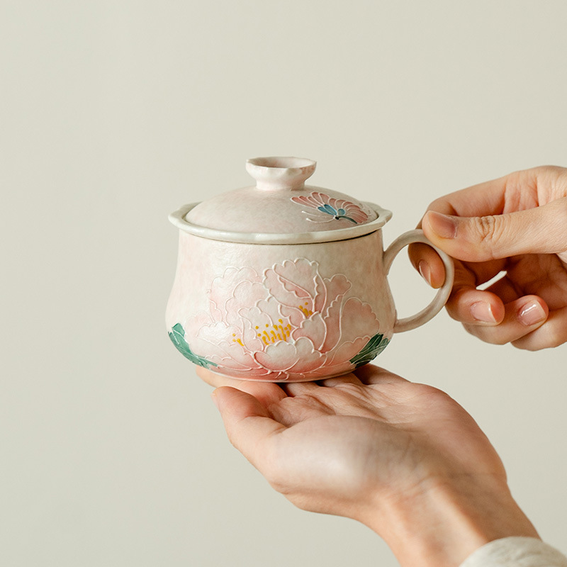 Ceașcă în stil chino-reînnoit, roz deschis, cu bujor înflorit, pentru ceai și cafea, acasă și la birou – ceașcă personală elegantă