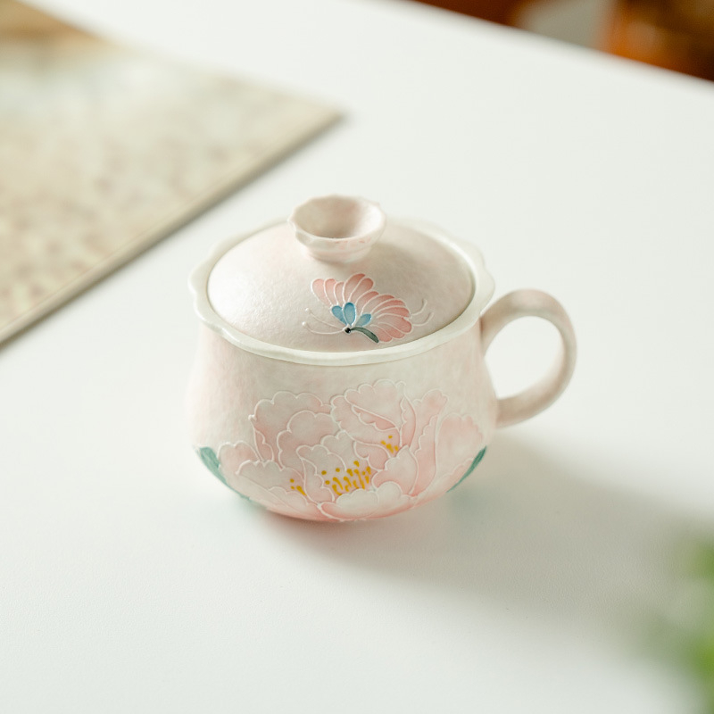 Ceașcă în stil chino-reînnoit, roz deschis, cu bujor înflorit, pentru ceai și cafea, acasă și la birou – ceașcă personală elegantă