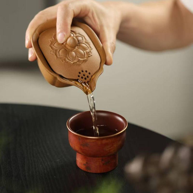 Set de ceai Yixing Zisha: gaiwan cu capac în formă de lotus, ceainic de mână, set de ceai cu cană de distribuție