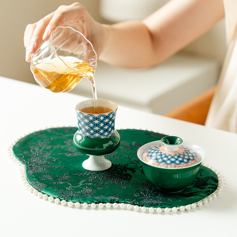 ceașcă de ceai din porțelan verde jad, cu model floral în carouri, picior înalt, stil chinezesc, pentru uz casnic, protecție împotriva arsurilor