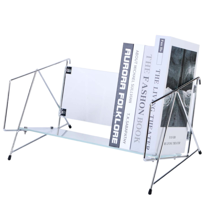 Raft de reviste în stil Bauhaus, din fier, finisaj argintiu, cu plăci din sticlă transparente, pentru expunere la birou