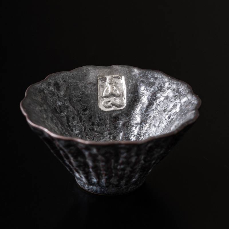 Ceșcuță ceramică pentru degustarea ceaiului, Kung Fu, unică, stil Dunhuang, ceramică brută, placare cu argint