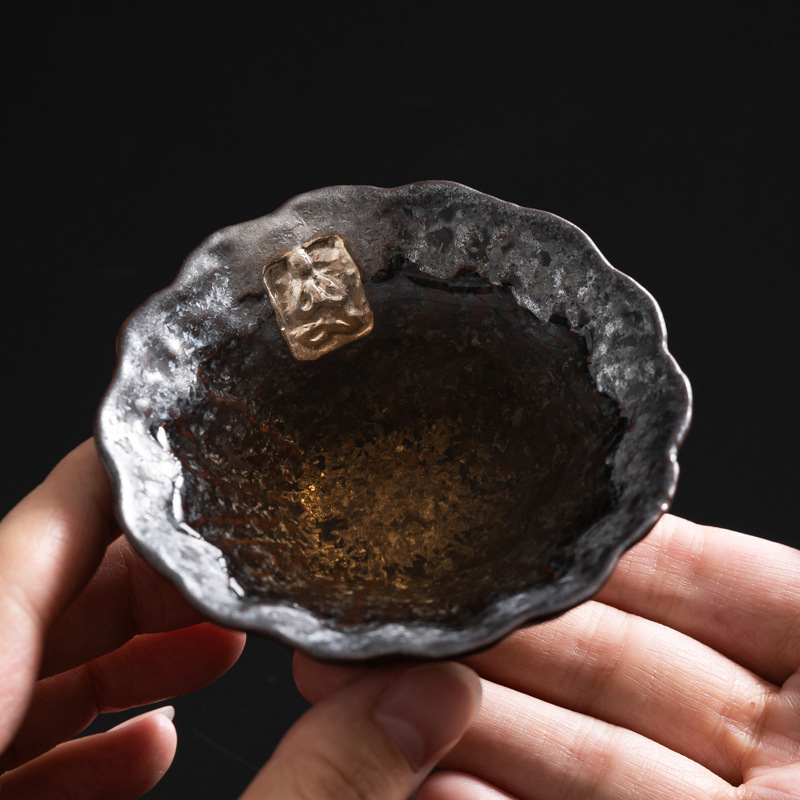 Ceșcuță ceramică pentru degustarea ceaiului, Kung Fu, unică, stil Dunhuang, ceramică brută, placare cu argint