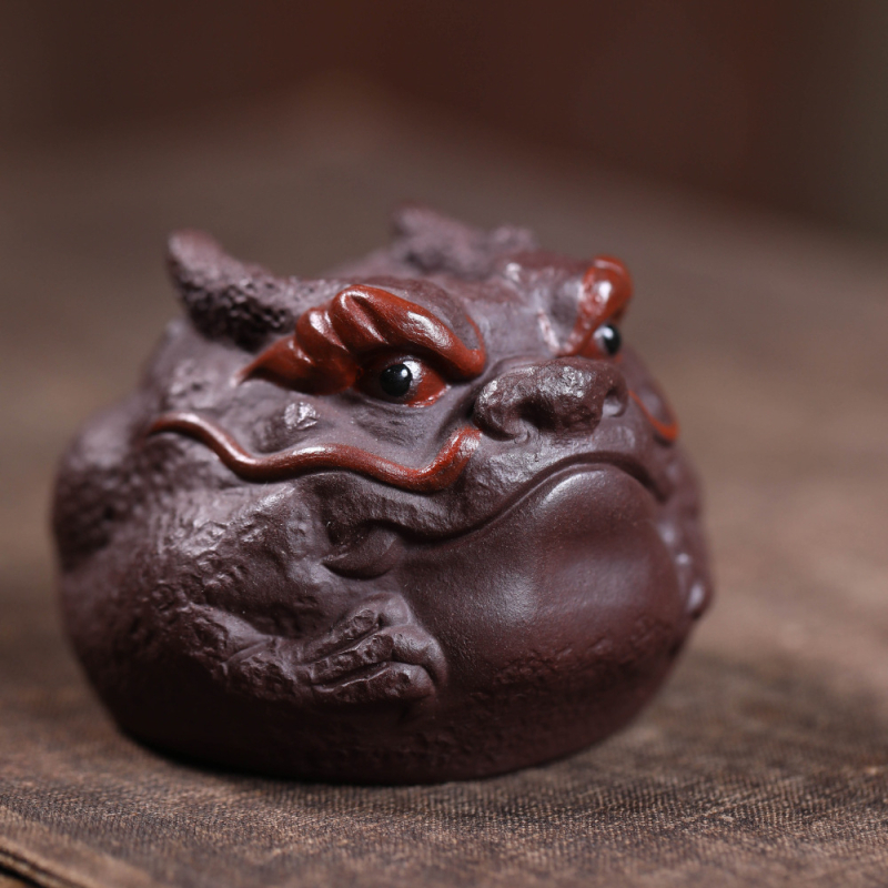 Ceașcă de ceai din lut mov, Dragon Tea Pet – sculptură ceramică, stil chinezesc, pentru birou