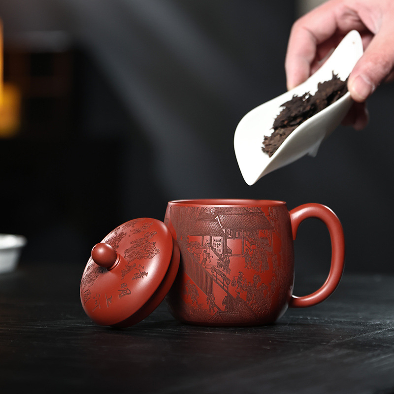 Ceșuță de ceai Yixing Zisha din lut purpuriu, cu peisaj sculptat manual, set de ceai pentru uz casnic
