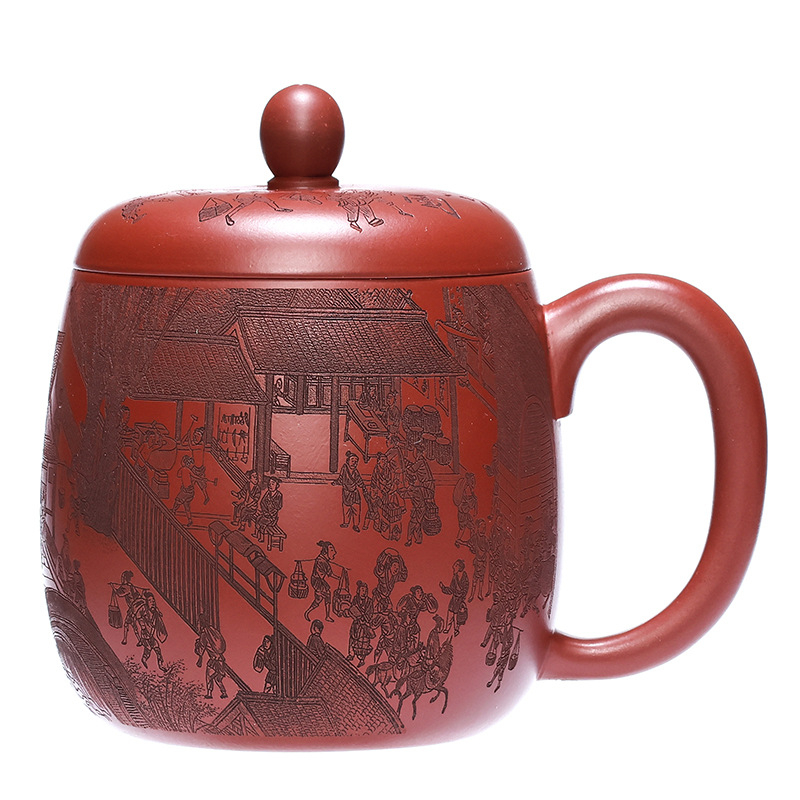 Ceșuță de ceai Yixing Zisha din lut purpuriu, cu peisaj sculptat manual, set de ceai pentru uz casnic