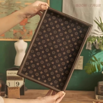 Organizator dreptunghiular pentru bijuterii și chei, cu tavă de ceai din piele — stil vintage de tip mid-century pentru uz casnic