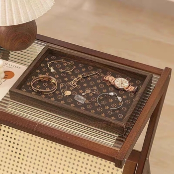 Organizator dreptunghiular pentru bijuterii și chei, cu tavă de ceai din piele — stil vintage de tip mid-century pentru uz casnic