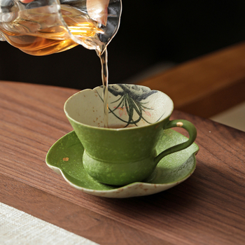 Cană caramel-teal, cu o orchidă pictată manual, destinată Gongfu ceaiului, ceramică de ceai, o singură ceașcă