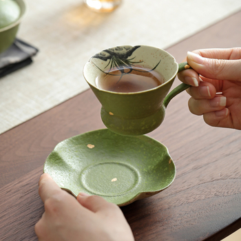 Cană caramel-teal, cu o orchidă pictată manual, destinată Gongfu ceaiului, ceramică de ceai, o singură ceașcă