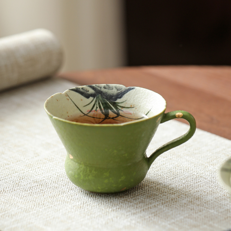 Cană caramel-teal, cu o orchidă pictată manual, destinată Gongfu ceaiului, ceramică de ceai, o singură ceașcă
