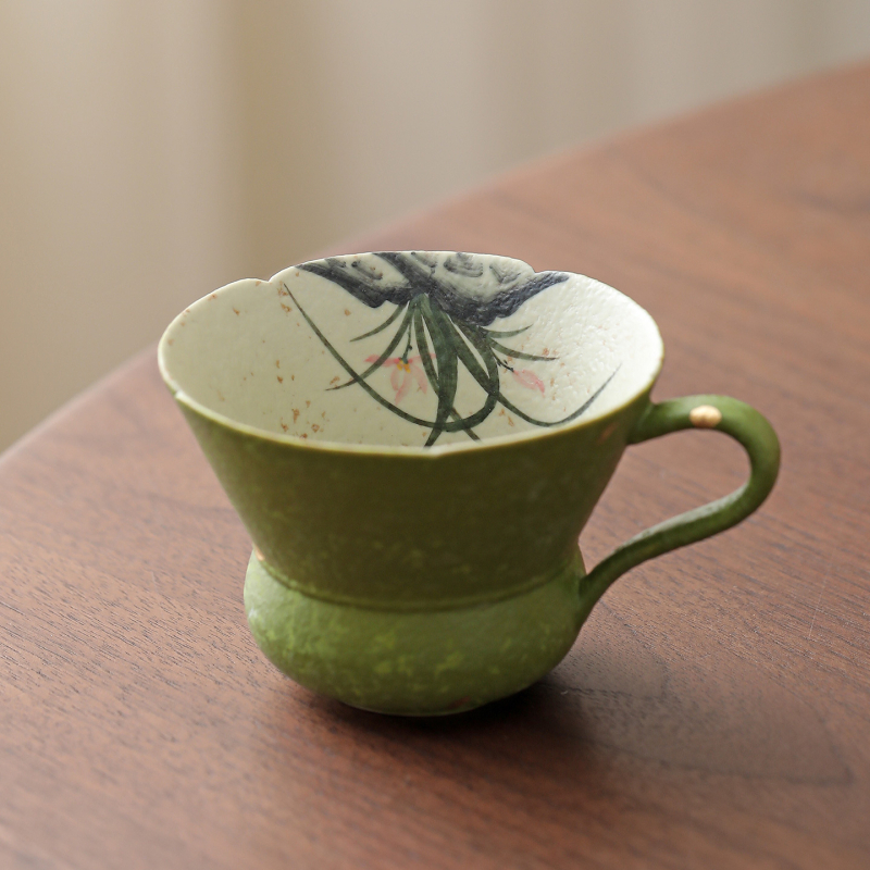 Cană caramel-teal, cu o orchidă pictată manual, destinată Gongfu ceaiului, ceramică de ceai, o singură ceașcă