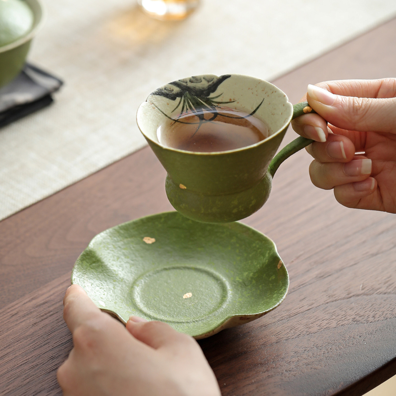 Cană caramel-teal, cu o orchidă pictată manual, destinată Gongfu ceaiului, ceramică de ceai, o singură ceașcă