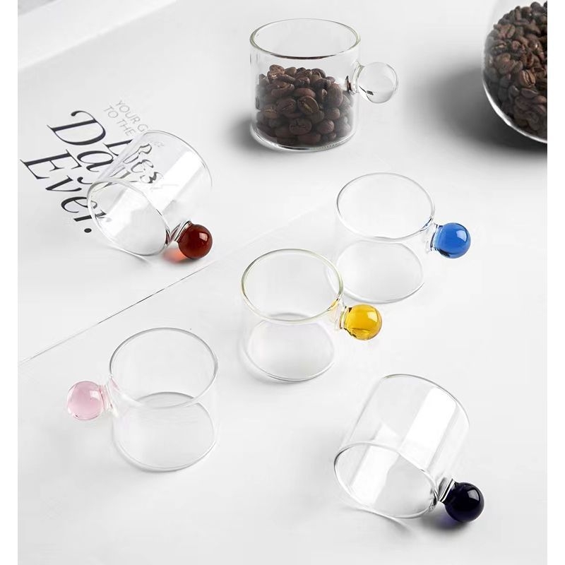Ceașcă mică din sticlă colorată, cu mâner în formă de mărgea, pentru lapte și cafea, măsurătoare, rezistentă la căldură pentru apă și ceai