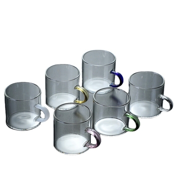 Set de ceai din sticlă borosilicat, căni mici cu fund plat și mânere colorate, pentru uz casnic