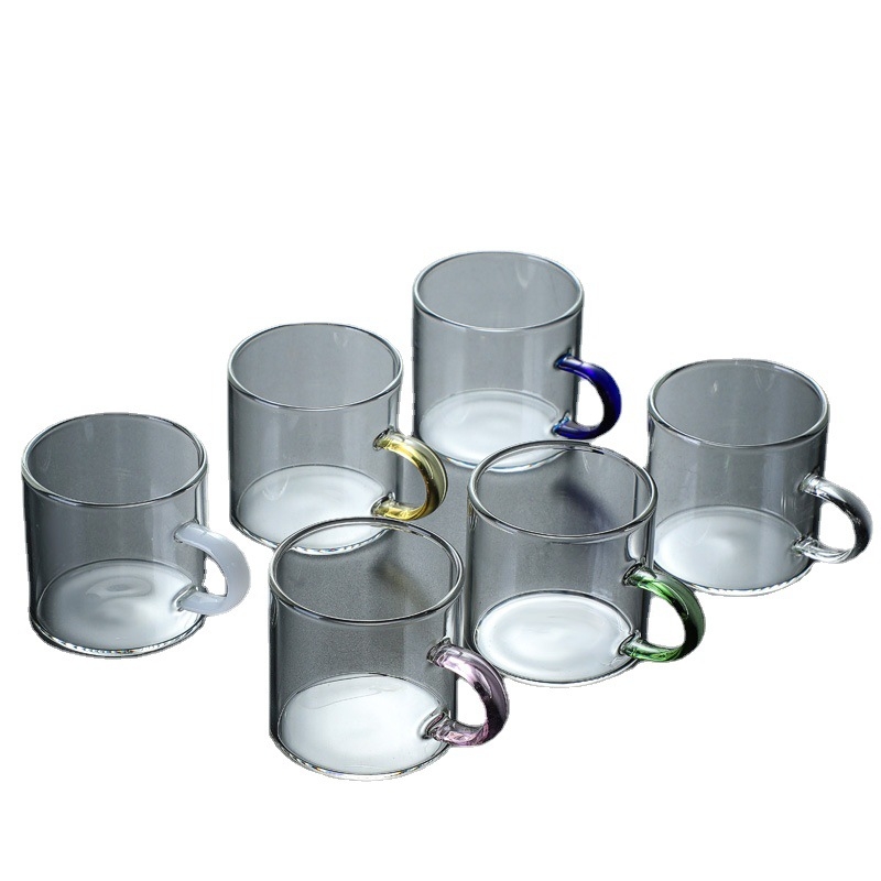 Set de ceai din sticlă borosilicat, căni mici cu fund plat și mânere colorate, pentru uz casnic
