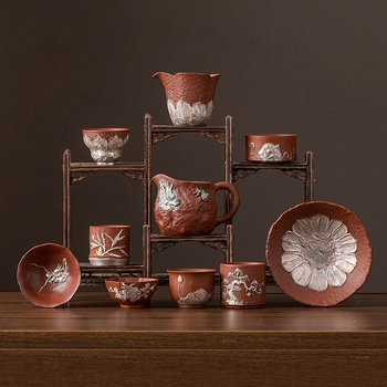 Ceainic din lut purpuriu cu finisaj argintiu — set ceramic Gongfu pentru ceai cu ceașcă