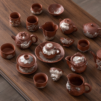 Ceainic din lut purpuriu cu finisaj argintiu — set ceramic Gongfu pentru ceai cu ceașcă