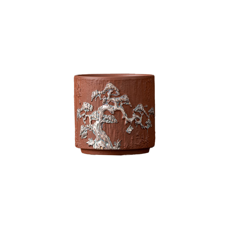 Ceainic din lut purpuriu cu finisaj argintiu — set ceramic Gongfu pentru ceai cu ceașcă