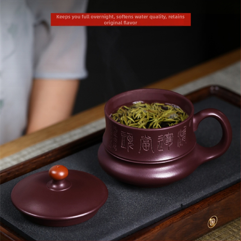 Ceașă de ceai cu capac din lut mov, lucrată manual, pentru birou și uz casnic