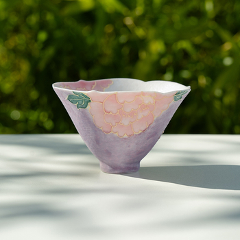 Ceașcă de ceai ceramică, formă conică, design Purple Smoke Peony and Begonia, stil Kung Fu