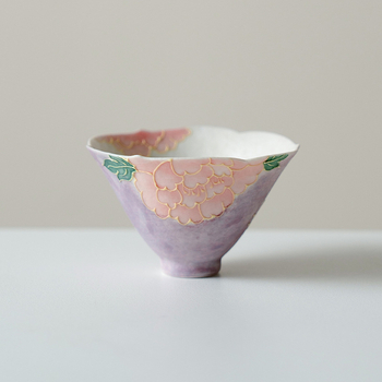 Ceașcă de ceai ceramică, formă conică, design Purple Smoke Peony and Begonia, stil Kung Fu