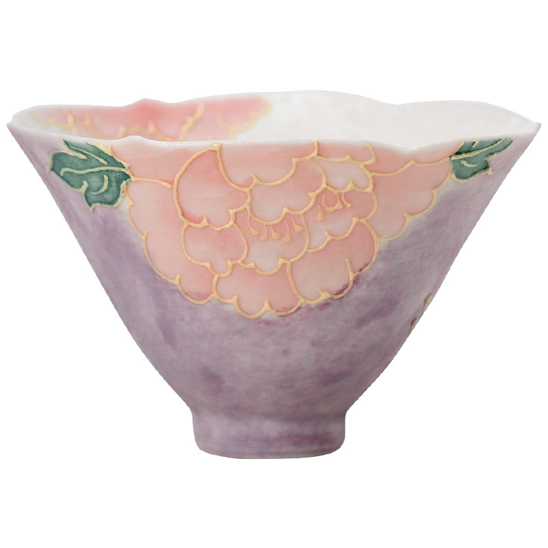 Ceașcă de ceai ceramică, formă conică, design Purple Smoke Peony and Begonia, stil Kung Fu