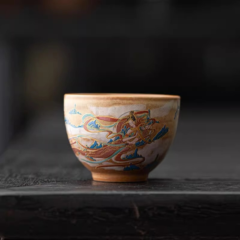 Ceașă de ceai din ceramică, cu motiv dansatoare zburătoare, capacitate mare, pictată manual, pentru uz casnic