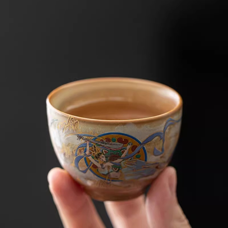 Ceașă de ceai din ceramică, cu motiv dansatoare zburătoare, capacitate mare, pictată manual, pentru uz casnic