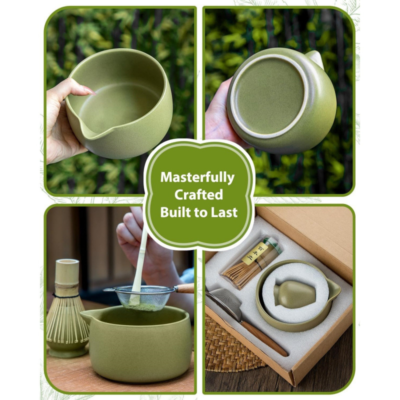 Suport ceramic pentru telul de matcha, verde mat, suport japonez pentru telul de ceai și accesorii pentru matcha inspirate din dinastia Song