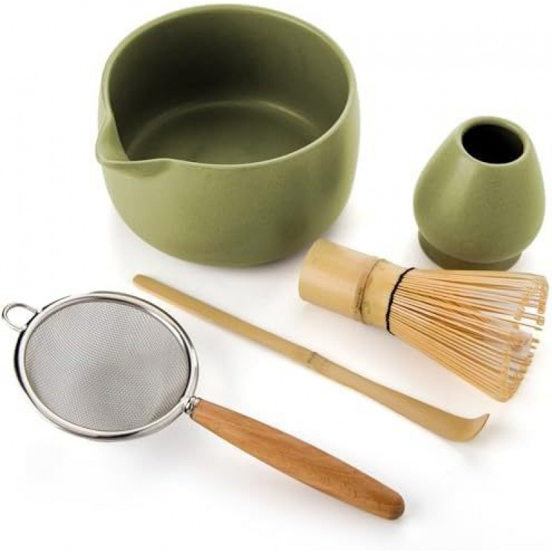 Suport ceramic pentru telul de matcha, verde mat, suport japonez pentru telul de ceai și accesorii pentru matcha inspirate din dinastia Song
