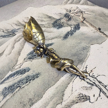 Lingură de ceai din alamă cu floare de lotus – ornament antic pentru ceremonia ceaiului, sculptură decorativă