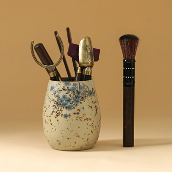 Set ceramic pentru ceai, cu design albastru și alb, accesorii șase gentlemeni: clește pentru ceai, linguriță pentru ceai, cuțit Pu'er