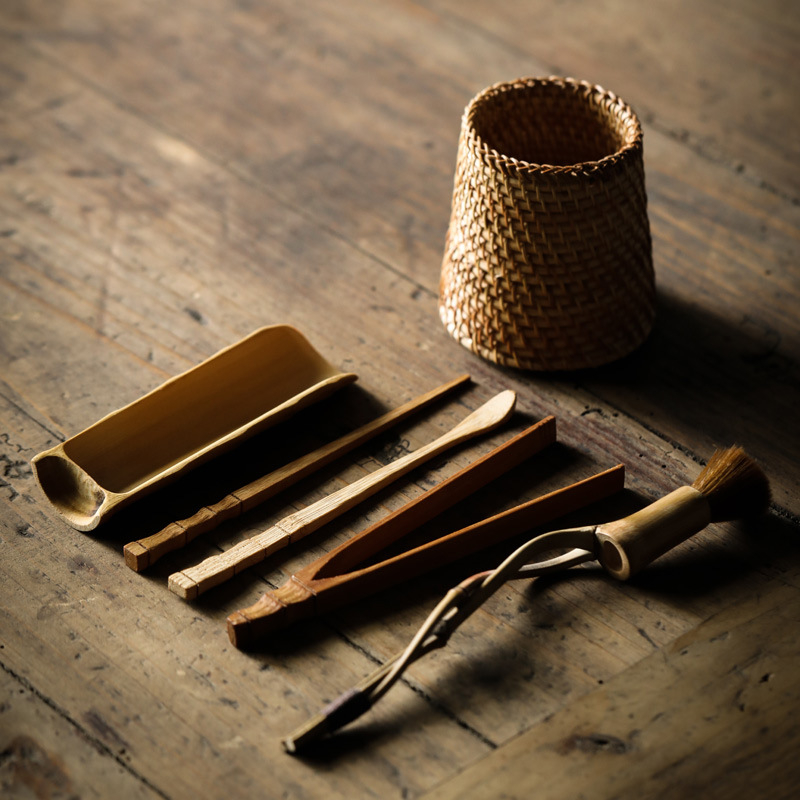 Set de ceremonie a ceaiului Six Gentlemen – accesorii din bambus și rattan, unelte Kung Fu pentru ceai: ac de ceai, linguriță, clips pentru ceai, suport pentru ceainic