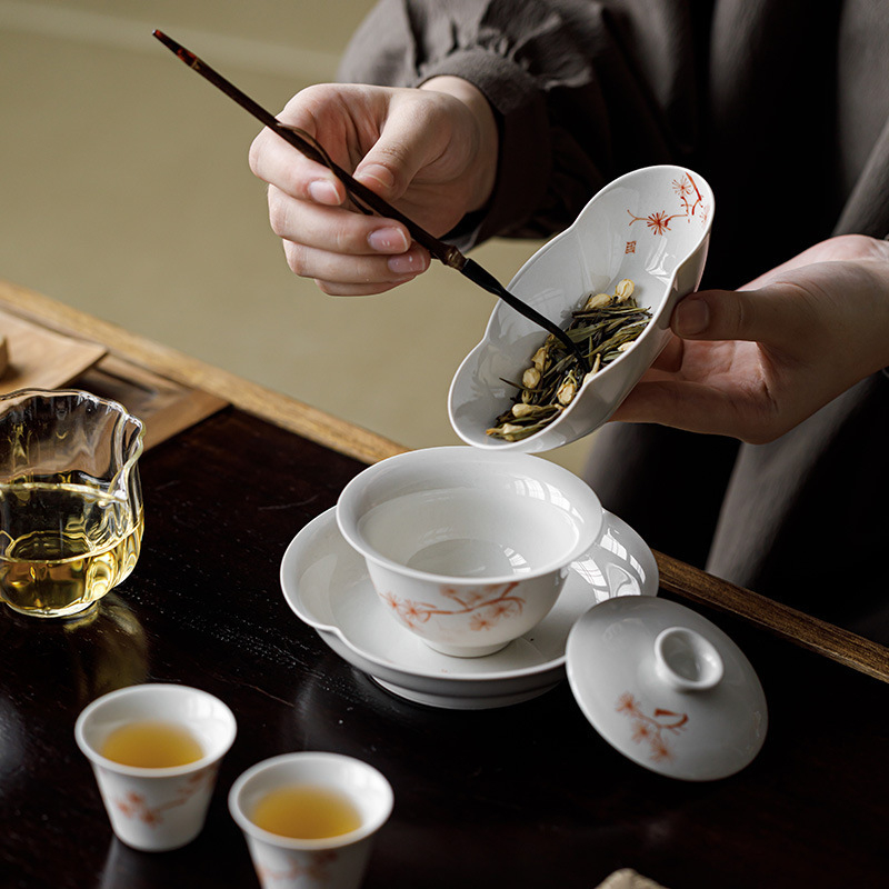 Tava ceramică pentru ceai, pictată manual, cu motiv de pin roșu, pentru uz casnic, separator de ceai, instrument pentru aprecierea ceaiului, instrument de trezire a ceaiului, accesorii de ceai lucrate manual, stil nou chinezesc