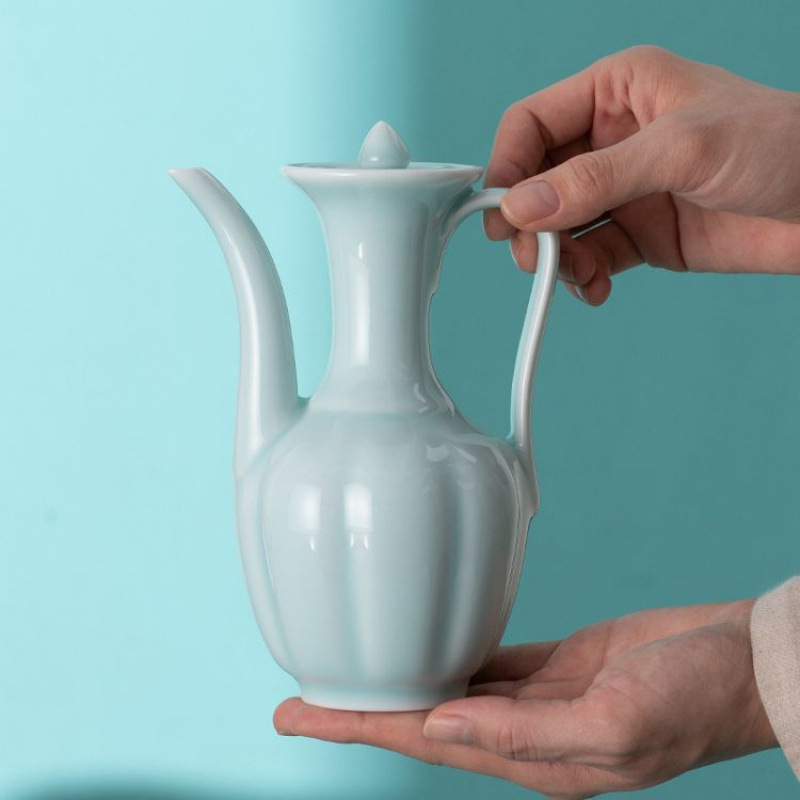 Ceainic ceramic în stilul dinastiei Song, cu mâner, porțelan alb, ceainic pentru ceai și vin, ceainic de antrenament pentru ceremonia ceaiului
