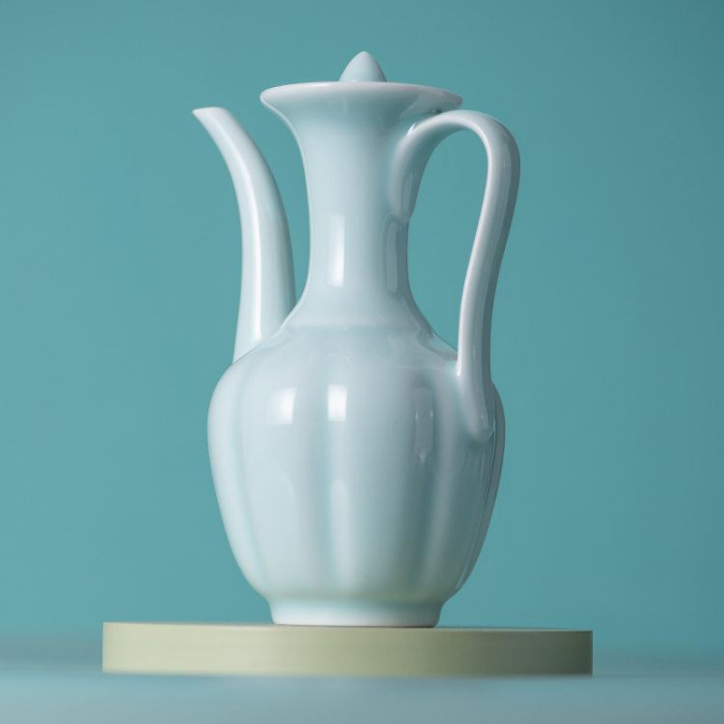Ceainic ceramic în stilul dinastiei Song, cu mâner, porțelan alb, ceainic pentru ceai și vin, ceainic de antrenament pentru ceremonia ceaiului