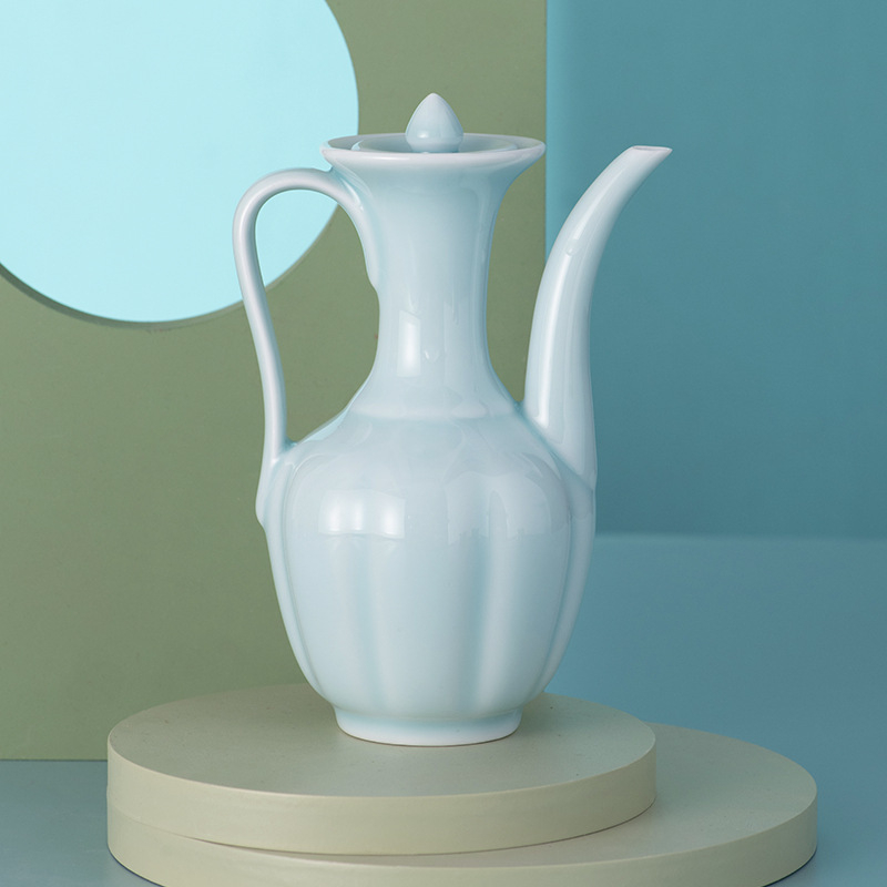 Ceainic ceramic în stilul dinastiei Song, cu mâner, porțelan alb, ceainic pentru ceai și vin, ceainic de antrenament pentru ceremonia ceaiului