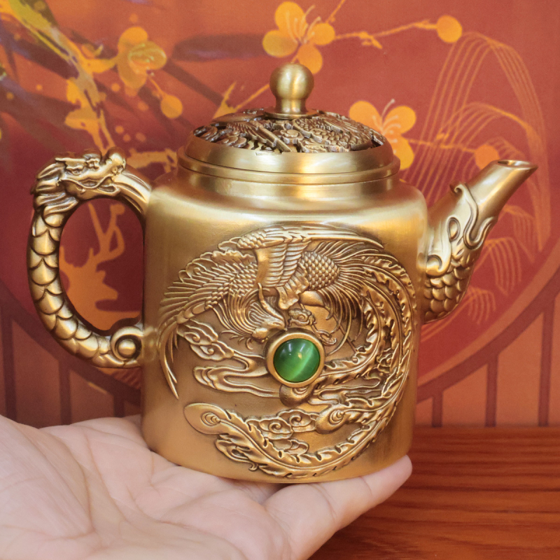 Set ceainic din alamă cu Dragon și Phoenix, capacitate mare, pentru prepararea ceaiului, utilizare casnică, decor de masă pentru ceai