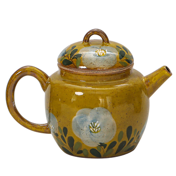 Ceainic ceramic pictat manual cu camelia, sub glazură, pentru o persoană, dimensiune compactă.