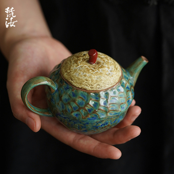 Fanru Ceainic Retro cu Glazură Verde — ceramică brută, set de ceai Kung Fu, ceainic manual, contrast creativ de culori