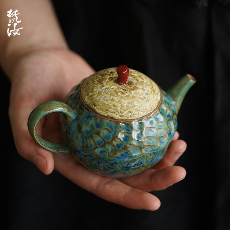 Fanru Ceainic Retro cu Glazură Verde — ceramică brută, set de ceai Kung Fu, ceainic manual, contrast creativ de culori