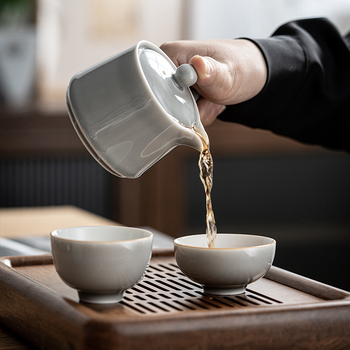 Ceainic cu glazură gri-înghețată și mâner lateral, ceramică în stil chinezesc pentru uz casnic, ceainic mic, Gongfu de ceai, vas de infuzare a ceaiului