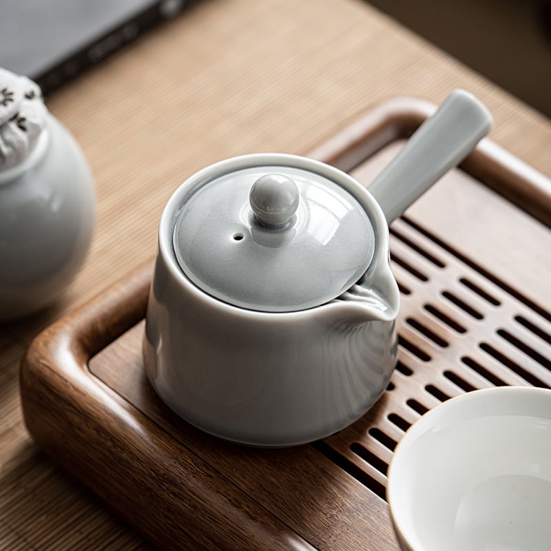 Ceainic cu glazură gri-înghețată și mâner lateral, ceramică în stil chinezesc pentru uz casnic, ceainic mic, Gongfu de ceai, vas de infuzare a ceaiului